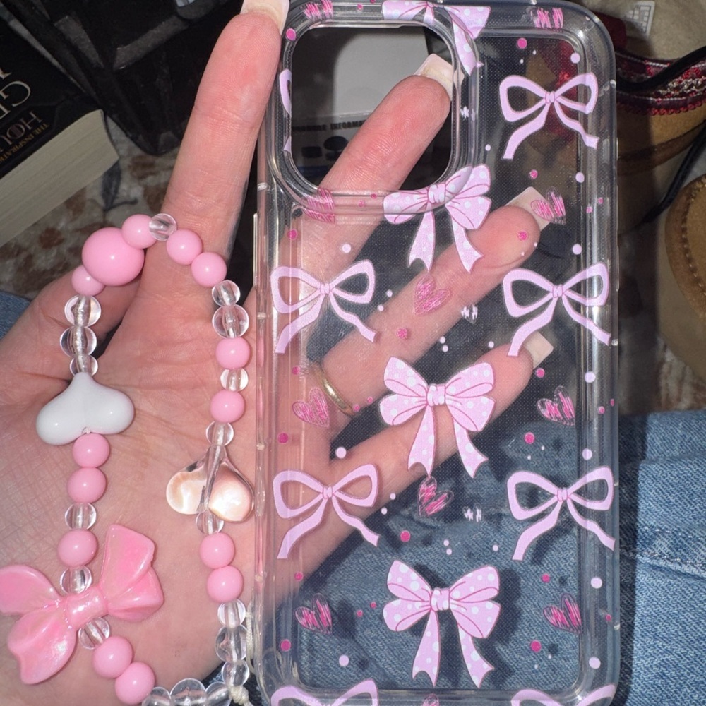 Pink Bow Phone Case with Beaded Strap